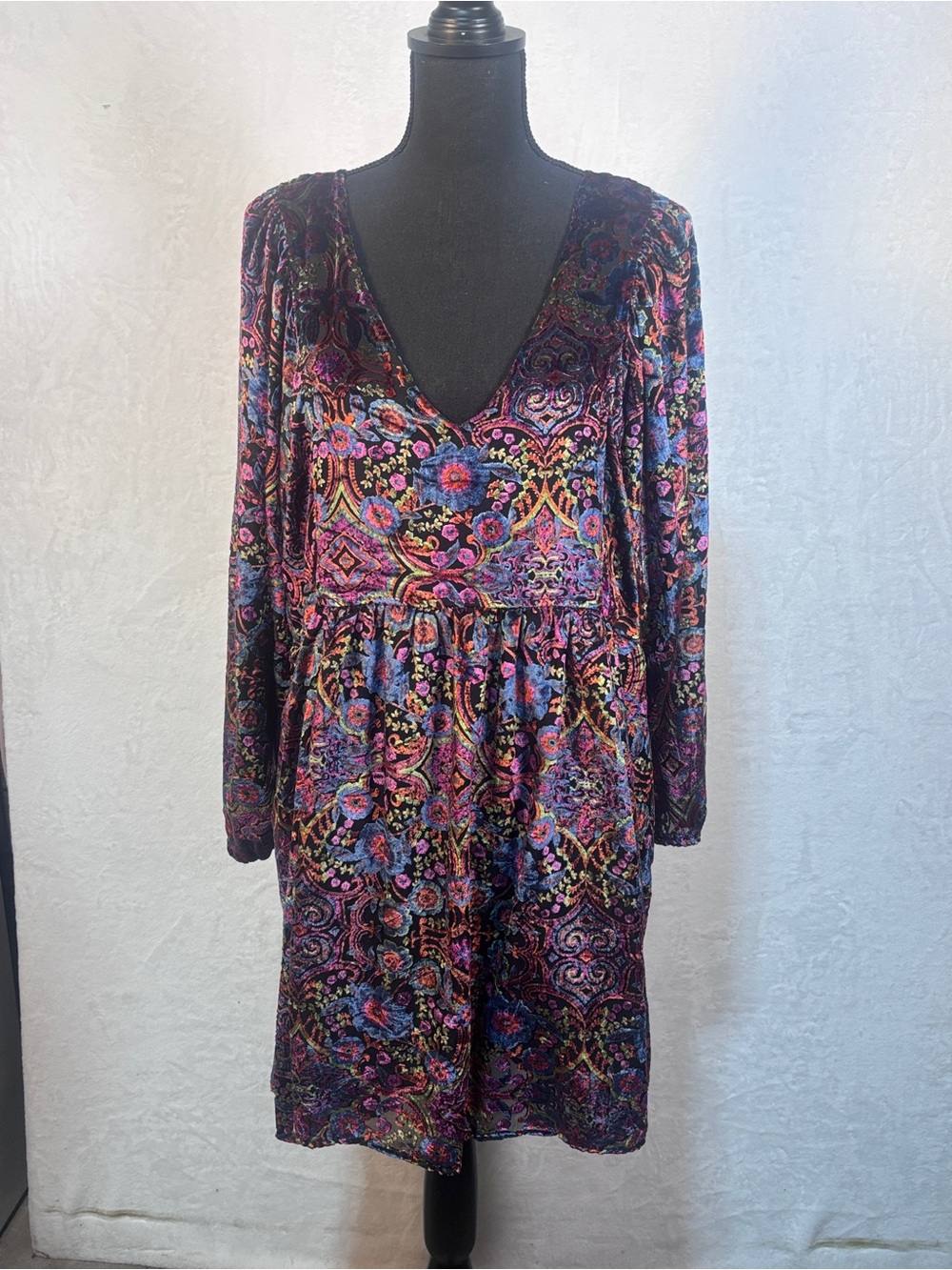Anthropologie Mona Burnout Velvet Mini Dress Black Floral Boho Puff Sleeve L - Picture 4 of 13